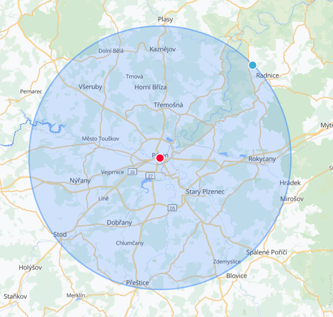 Mapa rozvozové zóny Lucky krabičky v Plzni a okolí